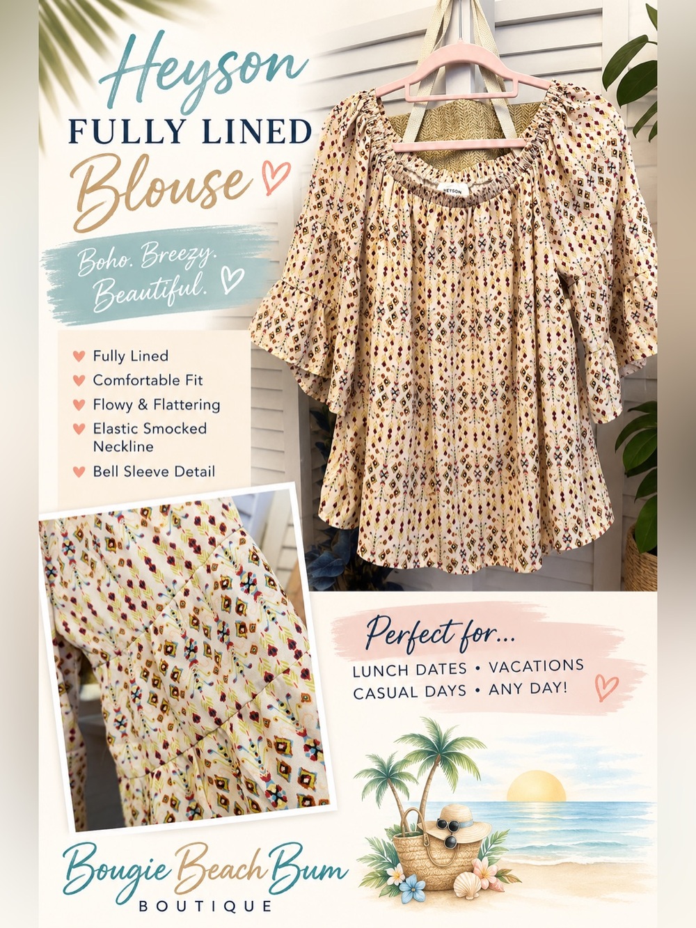 Fully Lined Beige Printed Bell-Sleeve Blouse
